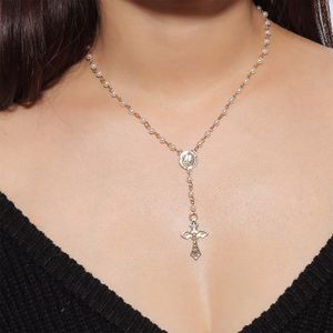 Collier de tour de cou crossant scintillant Long Imitation Perle Chaîne de perle Rosaire Madonna COIN COIN PENDANT