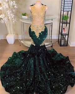 Sparkly Dark Green Mermaid Prom Dresses 2024 voor zwarte meisjes gouden kanten Appliques kralen Kranden Veet Sequins feestjurk BC18147 0219