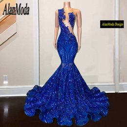 Designer scintillant 2024 Royal Blue Mermaid Prom Sequins Beads Robe de fête en strass Vestide de Fiesta