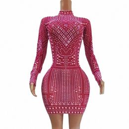 Sparkly Diamds Peals Rose Red LG Manga Bodyc Sexy Stage Short Dr Cumpleaños Noche Cantante Escenario Show Photoshoot Dr 79Yu #