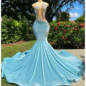 Sparkly Diamonds Blue Prom -jurk voor zwarte meisjes Veet Glitter Bead Crystals Rhinestone Birthday Party Jown Vestidos