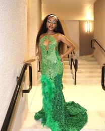 Sparkly Emerald Green Long Prom Dormal Jurken voor vrouwen Diamant Veet Black Girl Evening Birthday Gala Jurk 2024