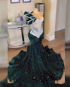 Robe de bal à paillettes vert émeraude scintillantes pour femmes africaines, col transparent, asymétrique épaule dénudée, diamant, robes d'anniversaire noires pour filles, 2024