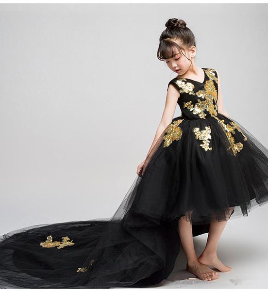Vestidos brillantes para niñas de flores, encaje adornado con oro, negro, alto, bajo, joya de tul, vestidos para niñas, apliques, vestido de primera comunión Q136