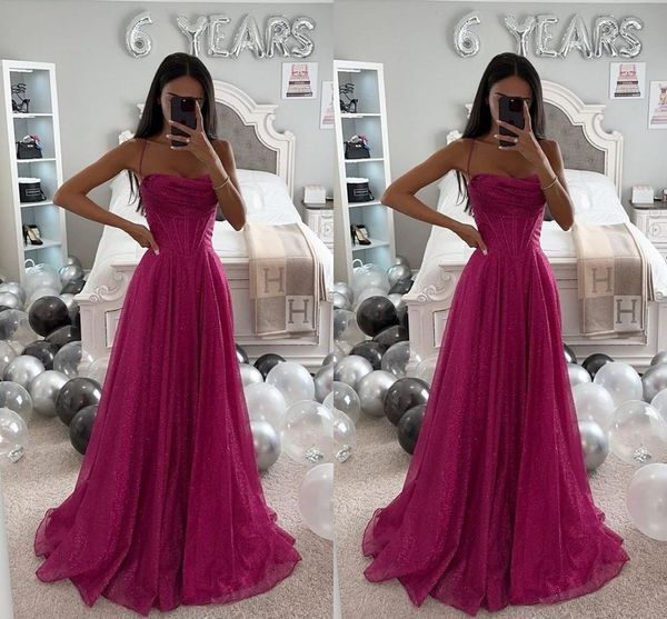 Robe de soirée trapèze fuschia scintillante pour femme, bretelles spaghetti, paillettes, anniversaire, bal, célébrité, concours de beauté, robe formelle pour occasions spéciales.