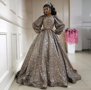 Sparkly glitter pailletten quinceanera jurken met sieraad lange mouwen Arabische Dubai-stijl galajurk gedrapeerd gezwollen Sweet 16 avondjurk6885487