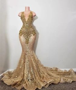 Sparkly gouden diamanten lange avondjurken Sparkly kralen Rhinestone Crystal pailletten verjaardagsfeestje Prom Gown receptie gewaad 0303