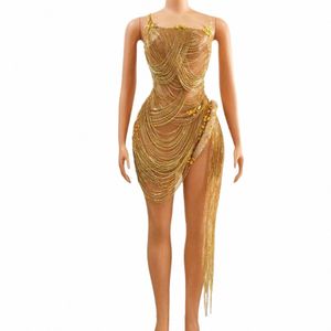 Sparkly Gold Drill Women Prom Dr Sexy See Through Birthday Queen Outfit Cantante Escenario Performance Wear Party Costume Luoli P36D #