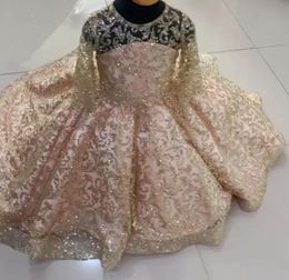 Vestidos de desfile para niñas pequeñas de encaje dorado brillante Vestido de fiesta con lentejuelas Vestido de niña de flores para bodas Vestidos de primera comunión de manga larga 4627096