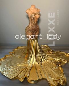 Robe de soirée longue dorée scintillante pour femmes, tenue de soirée de luxe transparente avec diamants et cristaux, tenue de bal, de Gala, pour filles noires, 2024