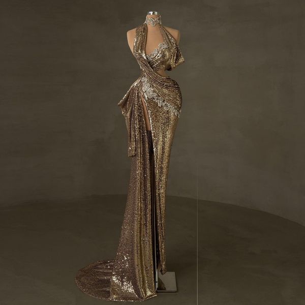 Robe De bal sirène dorée scintillante, paillettes De perles, fente latérale haute, Sexy, robe De soirée formelle, sur mesure, 2024