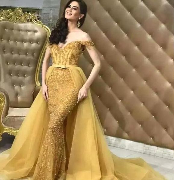 Robes de bal sirène dorées scintillantes train amovible 2019 nouvelle mode personnalisée perlée sur l'épaule dentelle robes de soirée formelles