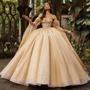 Sparkly Gold Quinceanera -jurken 2024 XV baljurk kanten kralen kristal tull prinses Sweet 16 jurk verjaardagsfeestje Vestido de 15