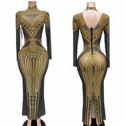 Sparkly Gold Rhinestes Dr Mesh Manches Soirée Soirée Dres Anniversaire Célébrer Outfit Femmes Costumes de danse sur scène XS5736 r2xF #