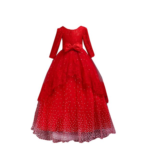 2022 encaje rojo único tul flor niña vestidos para boda manga larga princesa capas arco Otoño Invierno comunión fiesta Formal vestido niños