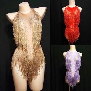 Sparkly Gold Rhinestones Tassel Bodysuit Vrouwelijke zanger DJ Sexy Holographic Jazz Beyonce Costume Crystals Outfit DL1012 213A