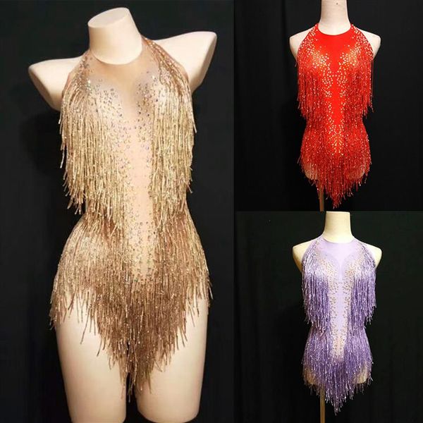 Body con borlas de diamantes de imitación dorados brillantes cantante DJ Sexy leotardo holográfico Jazz Beyonce traje de cristales traje DL1012223S