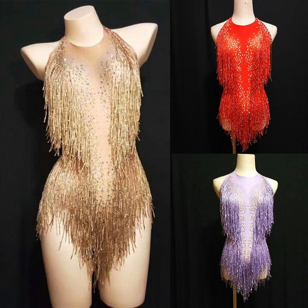 Rhinestones dorados brillantes Tassel Bodysuit Singer DJ Sexy Holográfica Leotard Jazz Beyonce Disfraz de cristales DL1012240J