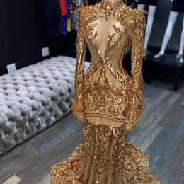 Sparkly Gold Sequin Long Mermaid Robes de bal 2024 manche pleine couche Voir à travers les femmes africaines Black Girls Robes de soirée