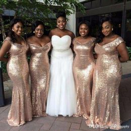 Sparkly Gold -pailletten goedkope zeemeermin bruidsmeisje jurken uit schouder Backless African Plus Size Beach Wedding Jurken 2742