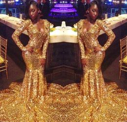 Paillettes d'or scintillantes robes de bal 2019 sirène africaine manches longues filles noires robe de bal femmes Sexy robes de soirée