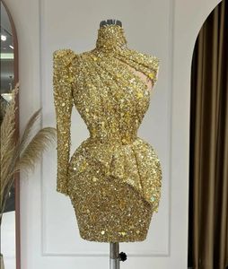 Robe de bal en paillettes dorées scintillantes, asymétrique épaule dénudée, manches longues, col haut, robe de soirée dorée, vêtements d'occasion formelle, grande taille