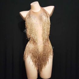 Sparkly Gold Tassel Bodysuit Strass Outfit Glinsteren Kralen Kostuum Een stuk Dans Slijtage Zanger Stage Turnpakje Hoofdtooi Rompertjes 2747