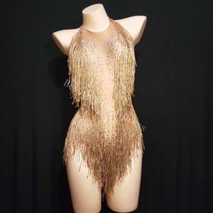 Sprankelende Gouden Kwastje Bodysuit Strass Outfit Glinsteren Kralen Kostuum Een stuk Danskleding Zanger Stage Turnpakje Hoofdtooi Rompertjes 271n