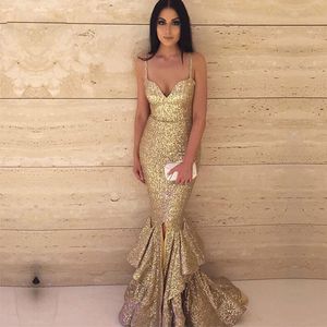 Sparkly Golden Pailletten Prom Dresses Simple Spaghetti Mouwloos van Split Tiered Pailletten Feestjurk op maat gemaakte vloer lengte avondjurken