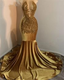Sparkly Golden Velvet Beading Lentejuelas Sirena Vestidos de baile 2023 Para niñas negras Sheer Neck Formal Party Dress Robes De Bal