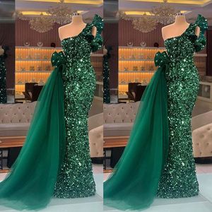 Sparkly Green Mermaid Avondjurken Een schouder pailletten prom jurk optocht jurk op maat gemaakte feest gewaden