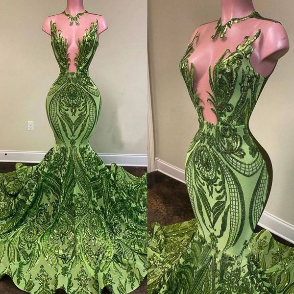 Robe de bal sirène en dentelle verte scintillante, décolleté en V profond, paillettes, robes de soirée, traîne de balayage, grande taille, robe formelle