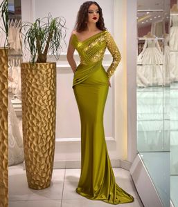 Sparkly Green Mermaid Prom Dresses lange mouw een schouder satijnen avondjurken formele kleding Vestidos de Noche