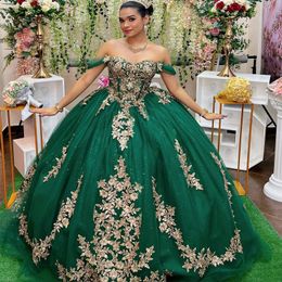 Robe De Quinceanera verte scintillante, épaules dénudées, avec Appliques dorées en dentelle, perles, robe De bal en tulle, cristaux, robes De 15 ans