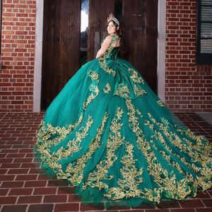 Sparkly Groene Quinceanera Jurken 2024 XV Baljurk Rose Gouden Kant Applique Prinses Sweet 16 Jurk Verjaardagsfeestje Vestido De 15