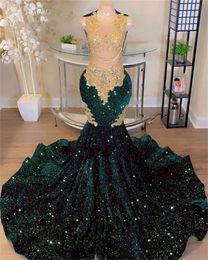Sparkly Green Sequins Mermaid Prom Dresses 2023 voor zwarte meisjes Crystal Rhinestone Court Train Party Jurk Robes de Bal 0431