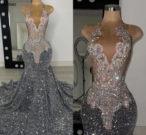 Sparkly Gray Velvet Pargin Long Prom Dresses Black Girls Luxury Rhinestones Bead Mermaid Sheer Formal Evening Party Gala -jurken vrouwen speciale gelegenheid jurk CL3502