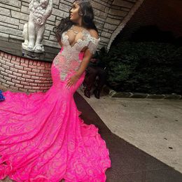Sparkly Hot Pink Prom -jurk voor vrouwen 2024 Pailletten Rhinestone Mermaid feestjurken Black Girls Robe Soiree Femme 322 es es 0528
