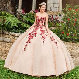 Sparkly Kant Geappliceerd Baljurk Quinceanera Jurken Lovertjes Sweetheart Neck Beaded Prom-jurken Vloerlengte Tule Sweet 15 Masquerade Jurk