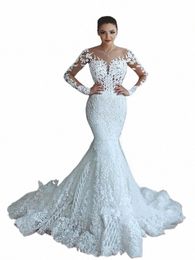 Robe de mariée en dentelle scintillante Dr Mermaid Illusi, corsage, manches Lg, col transparent, robes de mariée, printemps 2020, Q6tw #