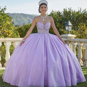 Sparkly Lavendel Tule Baljurken Quinceanera Jurken Formele Off-Shoulder Kralen Crystal Sweet 15 Prom Party Dress