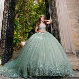 Sparkly lichtgroen Quinceanera jurken bal uit de schouder applique kant tule galajurk feestjurken voor 16 zoete meisjes vestidos de 15