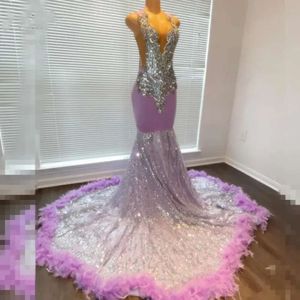 Sparkly Light Purple Prom Dresses Sheer Neck Crystal Feathers Long Birthday Party Tozels Robe de Bal