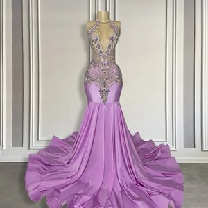 Vestido de graduación Lilac Purple Rhinestones Long para niña negra Sexy Mermaid Style Faily Party With Train 240416