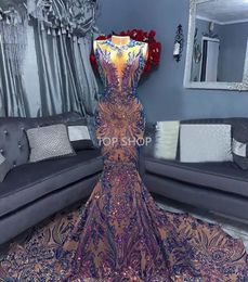 Sparkly Long Prom Dresses 2022 Sexy Mermaid Lavendel Sequin Afrikaanse Dames Zwart Meisjes Gala Celebrity Avond Party Nachtjurken EE