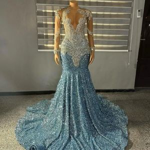 Robes de bal longs scintillantes 2024 Luxury Sparled diamant diamant sexy sirène transparent noir noir ciel bleu sequin de bal de gala robes