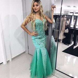 Sparkly Luxury Turquoise Prom Dress Mermaid Sweetheart Mouwloze Crystals Classic Prom Dresses Long Formele Avond Pageant Towns