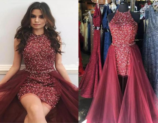 Sparkly Maroon Red Sorthumpsuits Dress Dresses Prom Corble sin mangas sin mangas de cristal Cóctel Pagean5361546