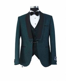 Sparkly Mannen Pak Maatwerk 3 Stuks Pailletten Groene Blazer Vest Zwarte Broek Een Butt Revers Busin Bruiloft Plus Size Tailored u0aK #