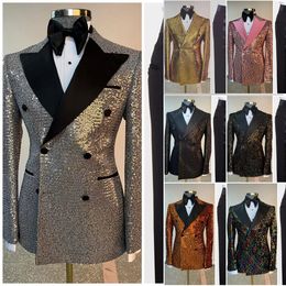 Sparkly Men Suits For Wedding Peaked Rapel Bruidegom Draag Dubbele borsten Tuxedos 2 PCS Coat met broek Prom avondfeestje Aangepast